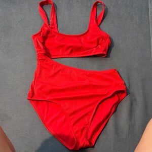 Kona Sol Vibrant Red Ribbed Bikini Set